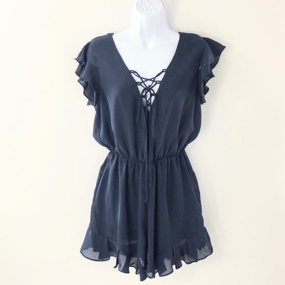 Everly Pants - Everly Womens Romper Flutter Sleeves Elastic Waist Summer Tie Feminine Navy Sz